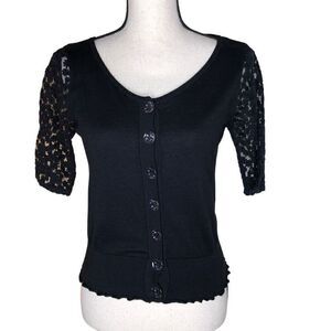 August Silk Black Lace Sleeve Lettuce Hem Sweater, Dark Academia Size S